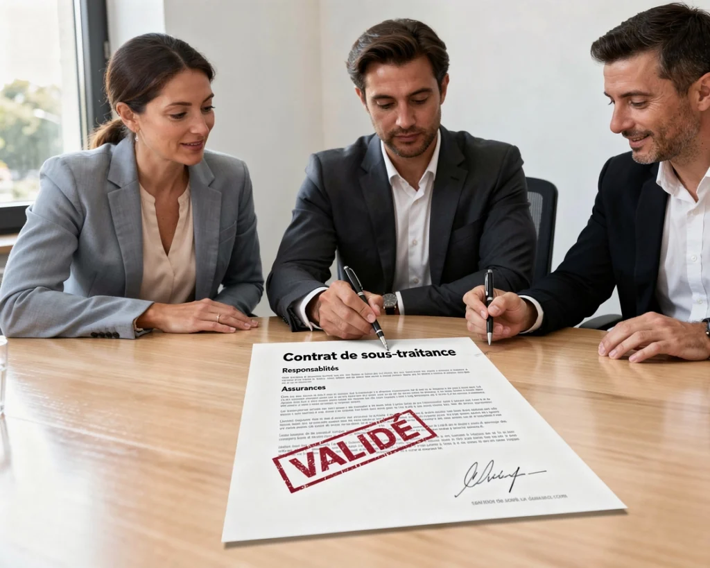 un homme signe un contrat de sous-traitance et est entouré par deux personnes